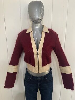 Burgundy and Cream Zip-Front Fuzzy Leather combo Cropped Jacket